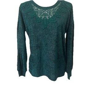 Maurices Women's Green Metallic Crochet trim Long sleeve Top Medium NWOT